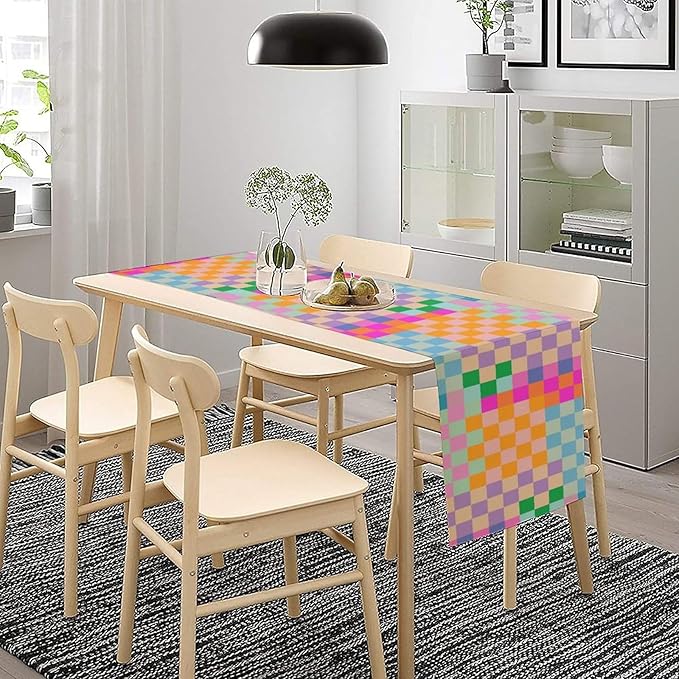 Retro Checkered Table Runner, Bright Rainbow Colorful Modern Groovy Aesthetic Table Runner for Dining Kitchen Party Home Wedding Banquet 13x120in