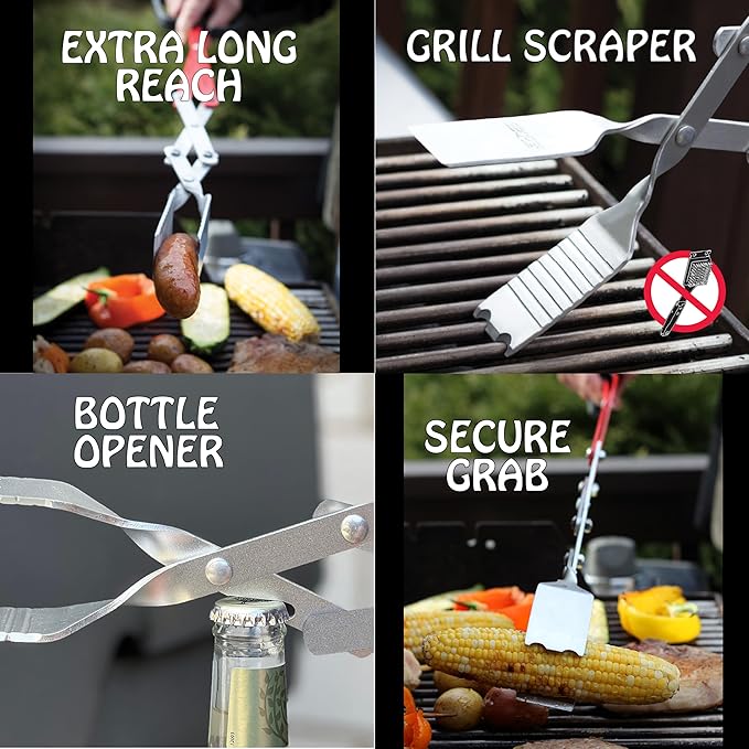 BBQCroc 3-in-1 Barbecue Tool 26-inch Extra Light and Super Long Heavy Duty Tongs, Spatula and Grill Scraper (Red) – Longest BBQ Tool Ever!