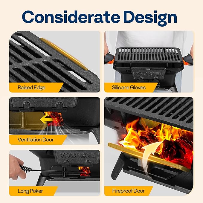 VIVOHOME Rectangle Cast Iron Charcoal Grill with Double-Sided Grate, Portable Outdoor BBQ Grill, Compact Tabletop Grill Stove (Note: The charcoal grid is made of stainless steel, not cast iron)