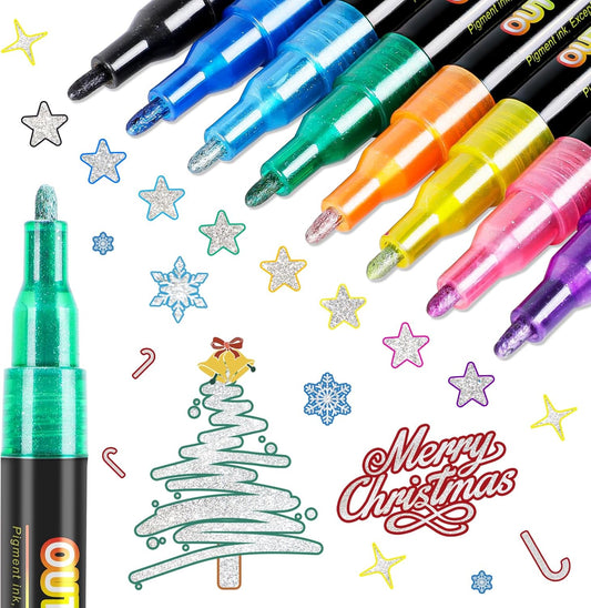 FUMILE 8 Colors Double Line Outline Markers,Glitter Marker for Kid Teens,Self Outline Metallic Markers for Art Supplies,Metallic Glitter Pen Set for Teen Girl.