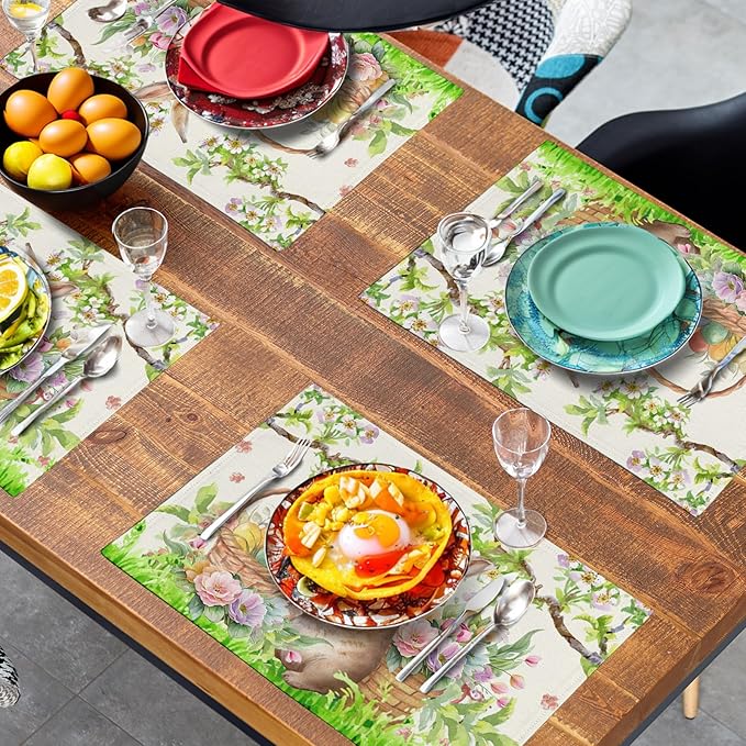 Easter Rabbit Placemats Set of 4 Spring Easter Egg Bunny Flowers Floral Place Mat 12x18 Inch Seasonal Farmhouse Linen Fabric Table Mats for Kitchen Dining Outdoor Indoor Easter Party Decoration
