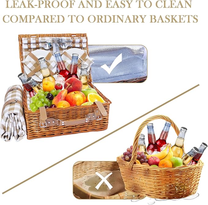 Neti Neti Wicker Picnic Basket for 4 with Insulated Cooler & Waterproof Blanket – Large Willow Picnic Hamper for Outdoor, Camping, Beach, Romantic Dates, Valentine’s Day