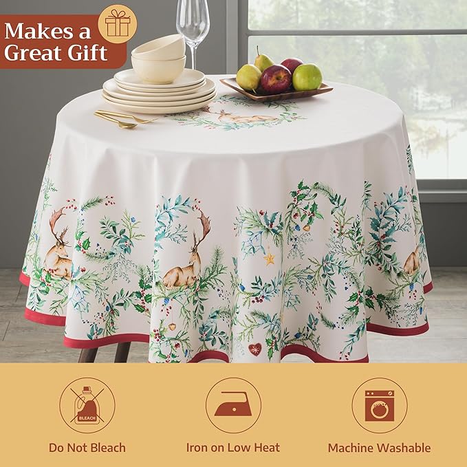 Maison d' Hermine Table Cloth Round Table 100% Cotton 69 Inches Fall Tablecloth Reusable Everyday Use for Thanksgiving Christmas Decorations Dining Farmhouse Party (Holly Time)
