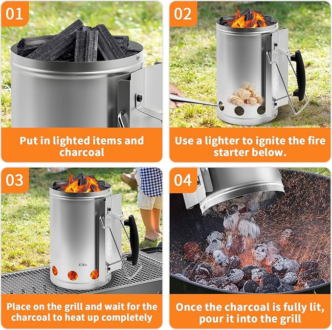 7.5X12inch XL Charcoal Chimney Starter with Electroplated Handle, Durable Fire Starter with Large Capacity Rapidfire Chimney Starter, Tilted Handle Design for Safe