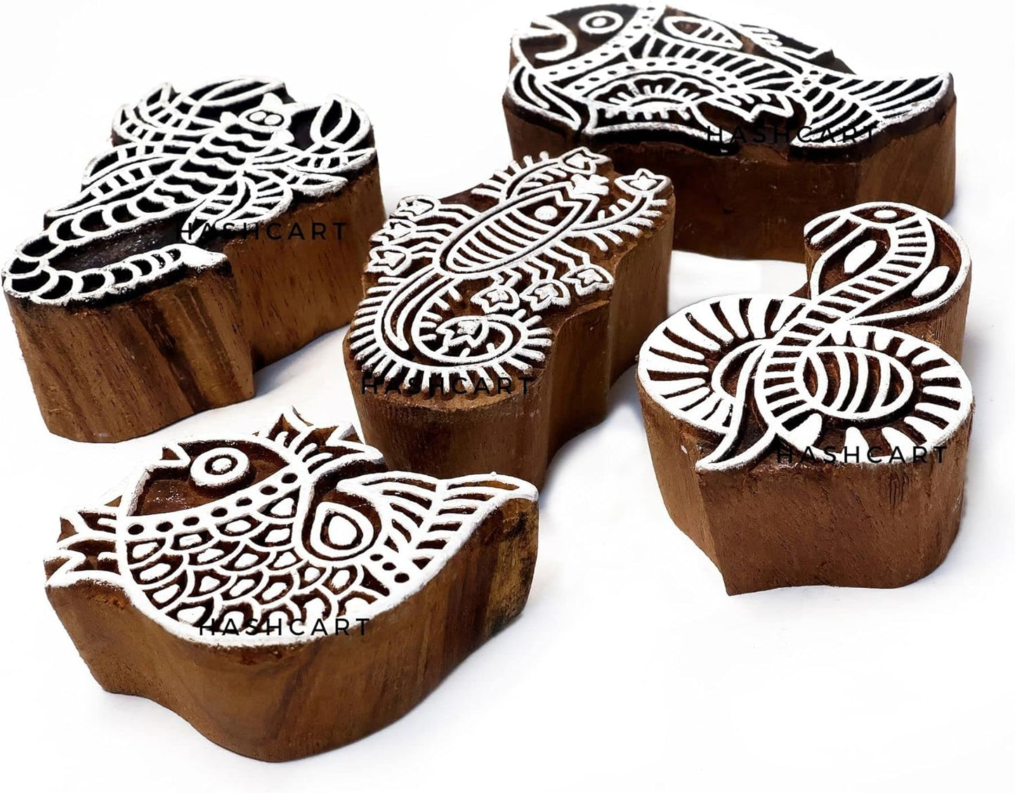 Wooden Stamp Block for Printing - Handcarved Indian Textile Printing Blocks for DIY Craft Card Making, Project Designing, Clay, Pottery, Tattoo Print HASHCART® | Set of 5 |