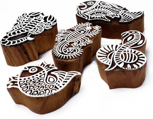 Wooden Stamp Block for Printing - Handcarved Indian Textile Printing Blocks for DIY Craft Card Making, Project Designing, Clay, Pottery, Tattoo Print HASHCART® | Set of 5 |