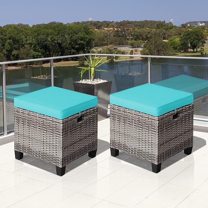 Tangkula 2 Pieces Patio Rattan Ottomans, Outdoor Wicker Footstool Footrest Seat with Soft Cushions and Steel Frame, All-Weather Patio Ottoman Set for Backyard Garden Poolside