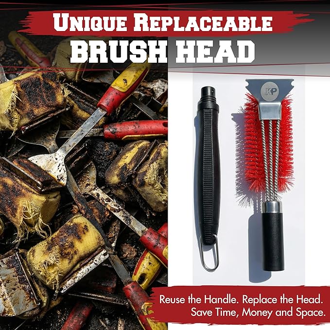 KITCHEN PERFECTION Nylon GrillSaver - Safe BBQ Grill Brush with Replaceable Cleaning Head -Heavy-Duty Grill Cleaner w/Scraper for Porcelain & Ceramic Grates, Includes Magnetic Hanger & Bottle Opener