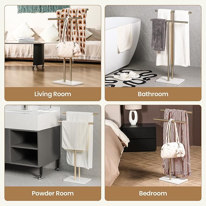 Free Standing Towel Rack for Bathroom - Satin Gold Finish - Stand Alone 2 Tier Stainless Steel Towel Rack for Bathroom Floor with Heavy Marble Base, Double T Shape Drying Stand for Towels