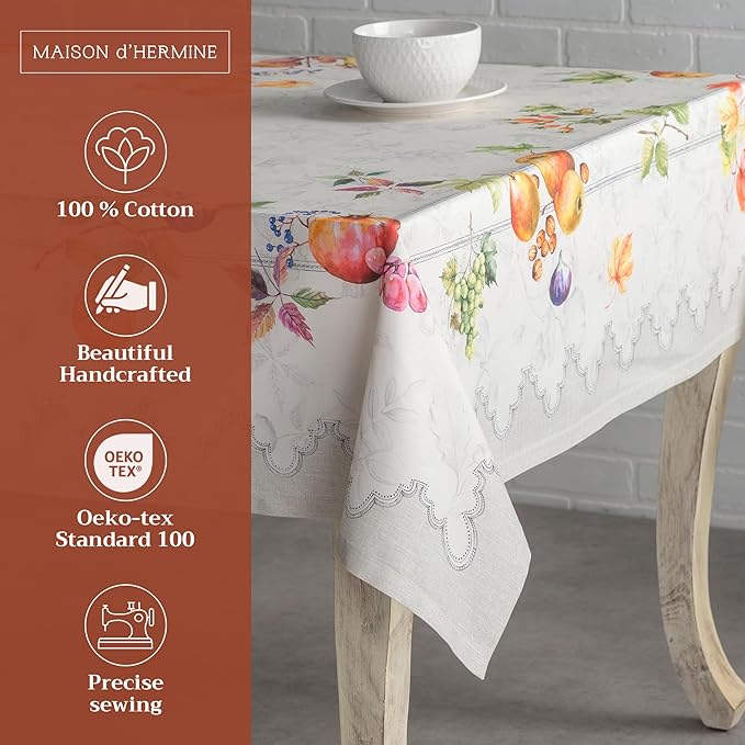 Maison d' Hermine Table Cloth Rectangle Table 100% Cotton 60 x 120 Inches Fall Tablecloth Reusable Everyday Use for Thanksgiving Christmas Decorations Dining Farmhouse Party (Fruit D'Hiver)