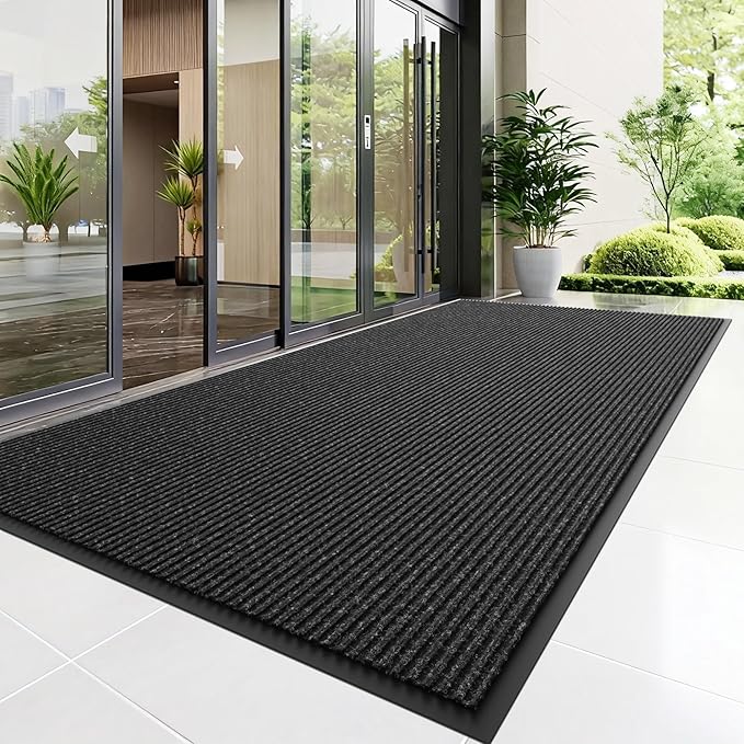 Front Door Mat, 8' x 4' Heavy Duty Indoor Outdoor Door Mat Entrance, Commercial Welcome Mats, Stain and Fade Resistant, Durable Rubber Backing, Low Profile Entry Mat for Patio, Black Stripe