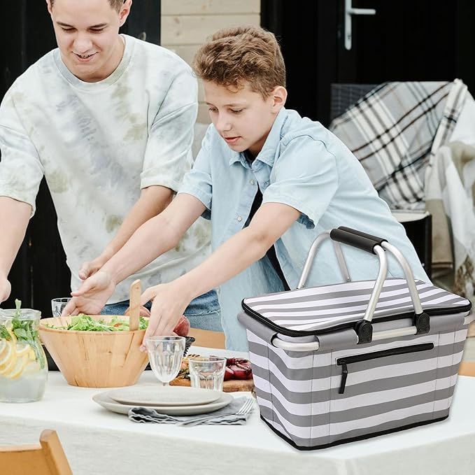 SIYUAN 30L Picnic Basket with Handles Leakproof Large Stripped Insulated Cooler Grocery Shopping Market Tote for Family Gray White