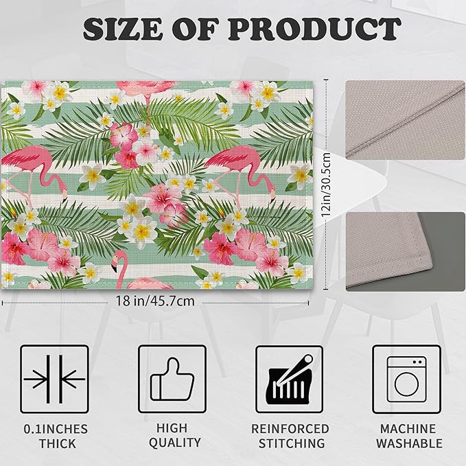 Flamingo Flowers Linen Placemats Set of 6,12x18 Inch Tropical Leaves Washable Table Mats Heat Resistant Place Mats for Home Party Kitchen Dining Decoration