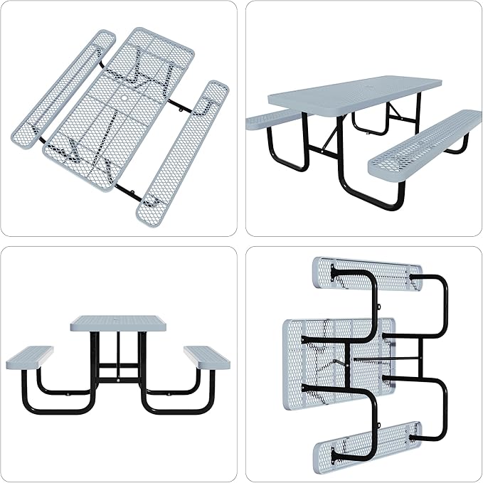 6 FT Heavy Duty Picnic Table with 2 Benches, Expanded Metal Outdoor Patio Dining Table with Umbrealla Hole Commercial Picnic Table,Rectangular Table Furniture Set for Garden, Lawn, Parks