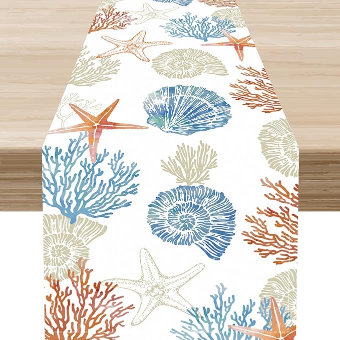 Coastal Table Runner, Rustic Farmhouse Nautical Starfish Seashells Coral Tropical Ocean Beach Blue Summer Coffee Table Center Decor for Home Kitchen Dining Indoor Outdoor Table Decorations, 13"x72"