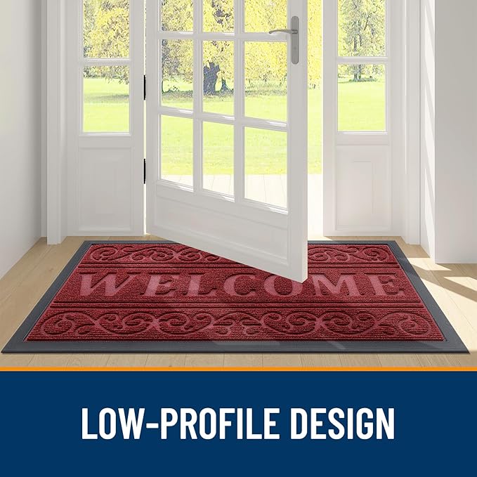 OLANLY Welcome Door Mat Indoor Outdoor Entrance, Heavy Duty Sturdy Front Door Mat, Waterproof All-Weather Doormat, Stain Resistant, Low Profile, Easy Clean Patio Entryway Mat, 36 x 24, Wine Red