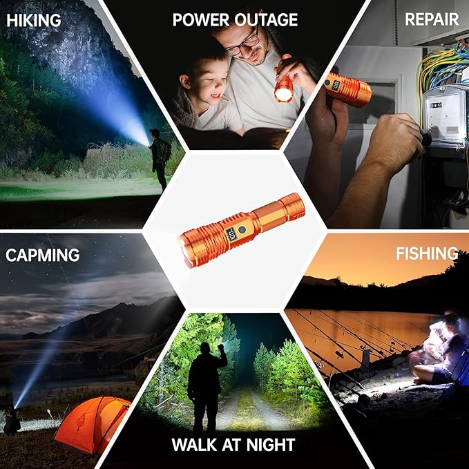 Flashlights High Lumens Rechargeable, LED Super Bright Flash Light Long Beam, Zoomable Linternas with LCD Digital Display, 5 Mode, Waterproof, Powerful Tactical Flashlight for Emergencies Camping Gift