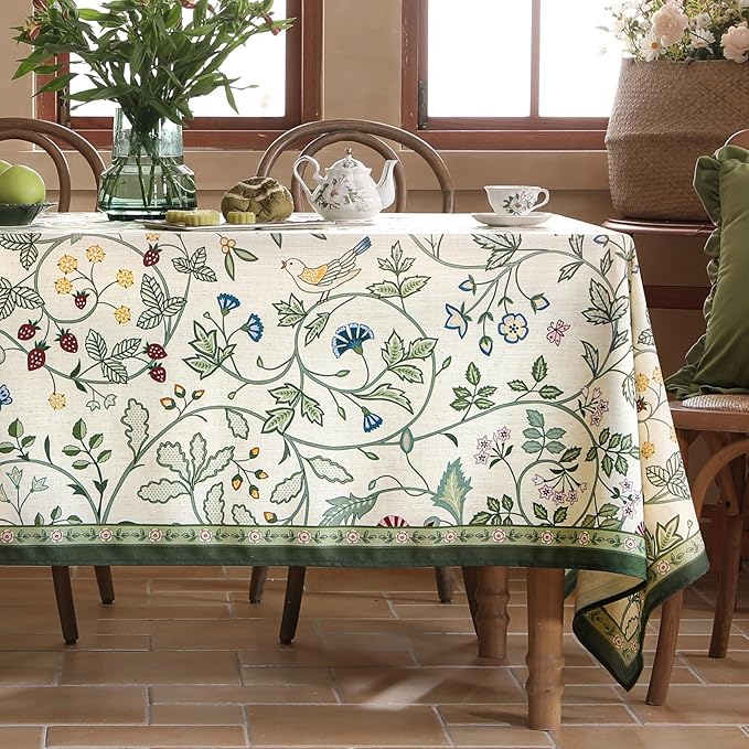 Linen Table Cloth Rectangle,Wrinkle Resistant French White and Green Tablecloth Print with Froal,Decor Stitch Table Cloth for Thanksgiving,Dining Room,Home,55" × 87"-Idaho A