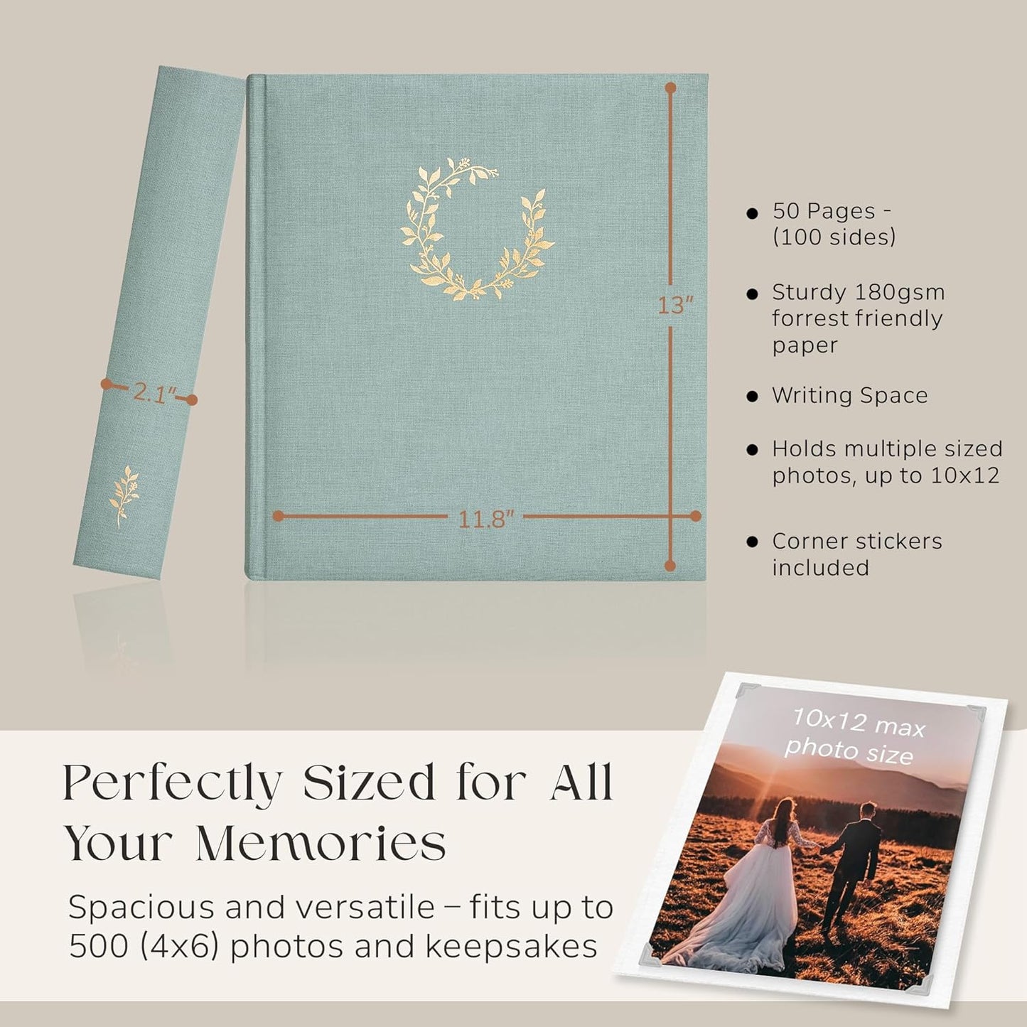 Premium Scrapbook Album – Photo Album with Writing Space – 100 Pages for Multiple Sizes 4x6, 5x7, 6x8, 8x10 – Holds 500 Photos – Wedding, Baby, Travel & Family Memories