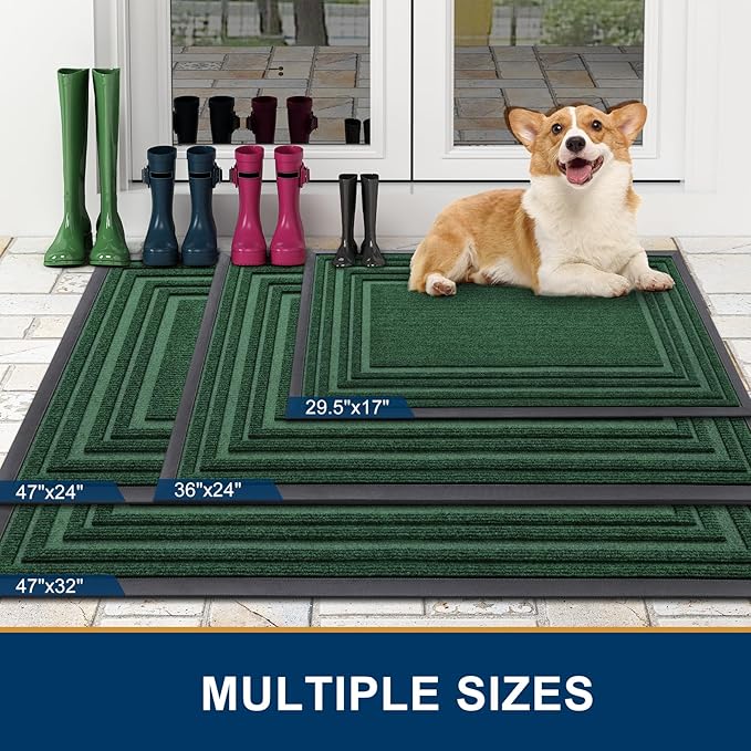 Buganda Front Door Mat Indoor Outdoor Entrance, Non-Slip Natural Rubber Doormats, Easy Clean, Low Profile, Dirt Trapper Entryway Floor Mats for Outside, Garages and Patios, 36x24, Green