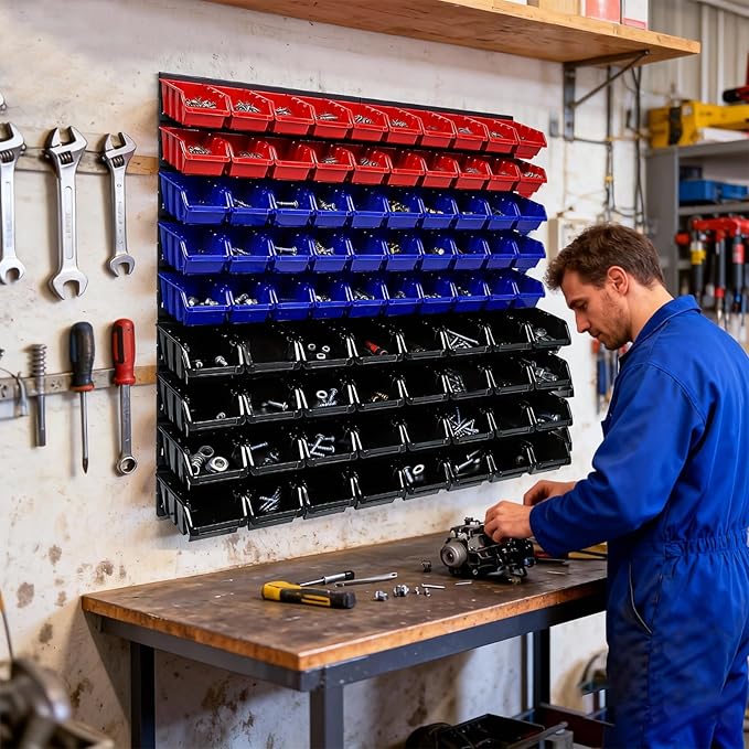 94 Pcs Wall Mounted Storage Bins, Garage Organizer System with Black, Blue, Red Plastic Bins, ABS Material, 30.7 x 30.7 x 5.9 Inch, for Nuts and Bolts Storage