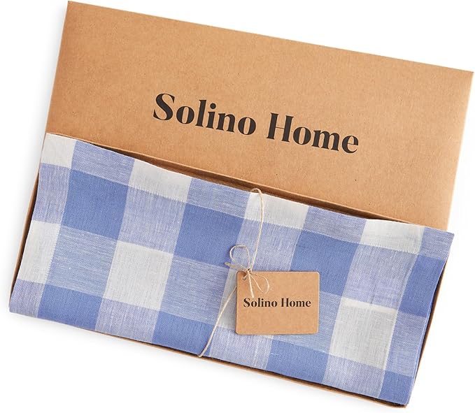 Solino Home Linen Checkered Table Runner 60 Inches - 100% Pure Linen Hydrangea Blue Buffalo Check Short Table Runner 14 x 60 Inch Ideal for Dresser and Coffee Tables - Winter, Spring, Easter