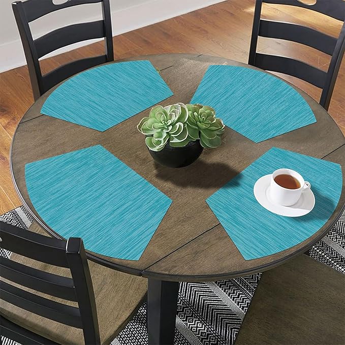 SHACOS Wedge Shape Placemats Set of 4 Round Table Placemats Heat Resistant Woven Vinyl PVC Table Mats Indoor Outdoor Wipe Clean (4, Teal Blue)