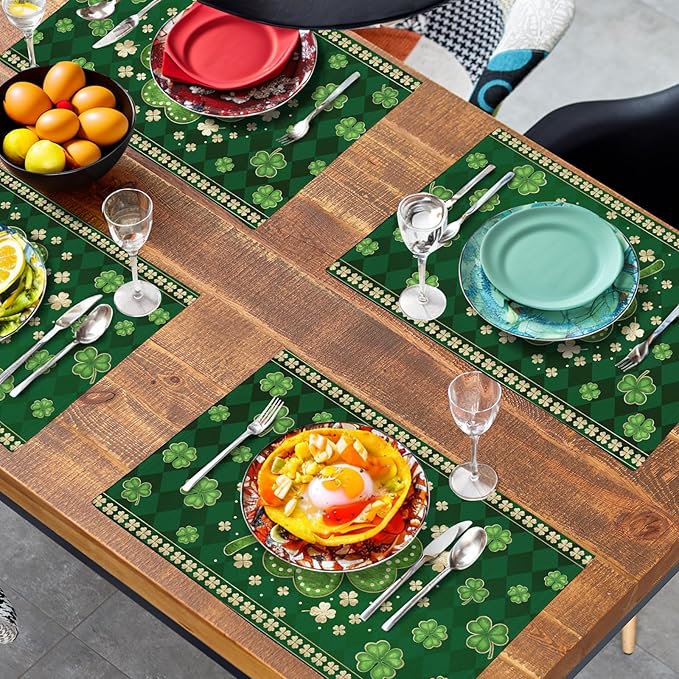 Green Shamrock St Patricks Day Placemats Set of 4 Lucky Clover Plaid Check Table Mat 12x18 Inch St. Patrick's Day Seasonal Holiday Place Mats Spring Linen Placemat for Party Kitchen Dining Decor