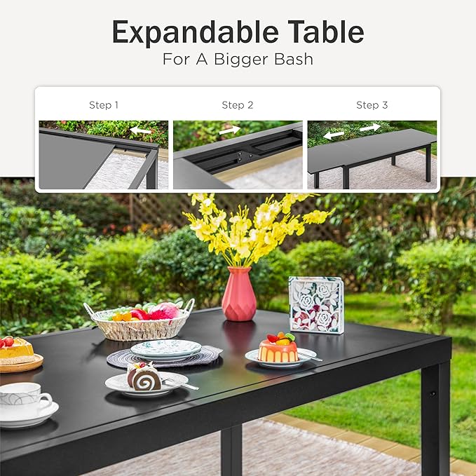 PHI VILLA Extra Large Expandable Patio Dining Table 99.2" × 35.5" Metal Outdoor Table for 6-10 Person, Metal Outdoor Dining Table with E-Coating for Garden Deck Yard- (Black)
