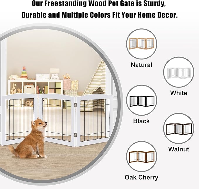 LZRS 3-Panel Freestanding Foldable Wooden Dog Gate –Solid Wood & Steel Wire Chew-Resistant Indoor Safety Pet Fence for Doorways & Stairs, Ideal for Small to Medium Dogs & Puppies, White