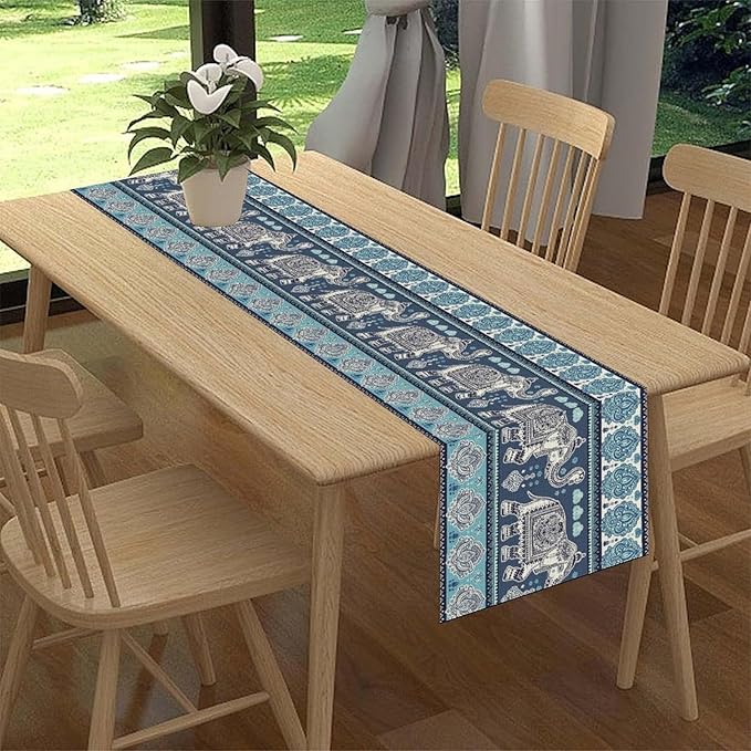 Boho Elephant Table Runner, Rustic African Tribe Animal Diwali India Damask Mandala Art Print Blue Coffee Table Center Decor for Home Kitchen Dining Holiday Party Outdoor Table Decorations, 13"x36"