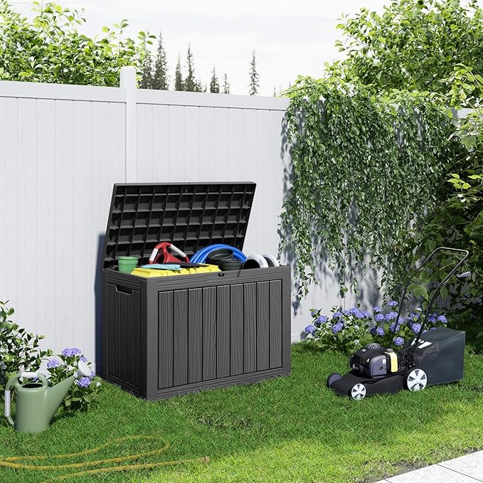 45 Gallon Deck Box,Resin Outdoor Storage Box with Lockable for Patio Furniture, Pool Accessories, Garden Tools Waterproof Outside Storage Box, Black