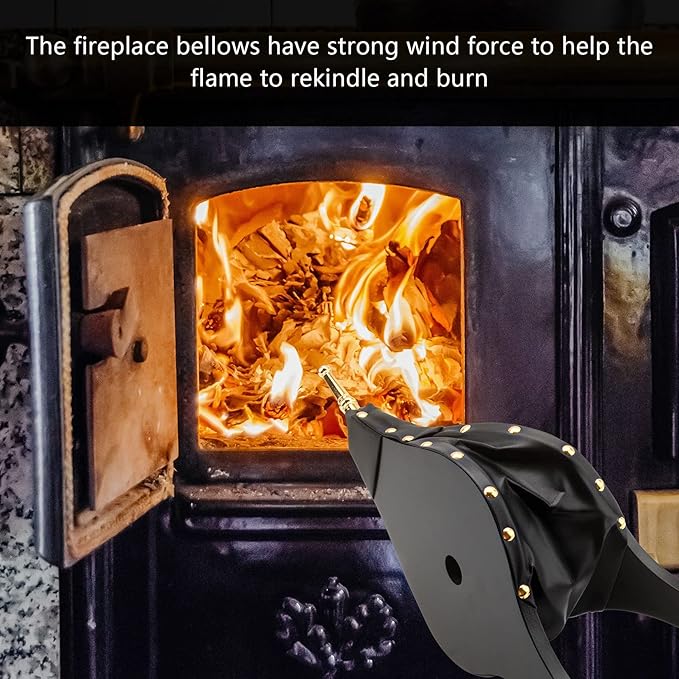 Bellows for Fire Pit,17"x 7.5" Bellows for Wood Stove Camping, Fireplace Blower with Hanging Strap,Cast Nozzle Fireplace Bellows Indoor(Black)