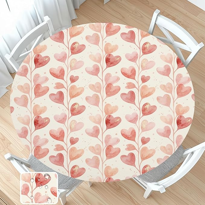 Valentines Day Round Fitted Tablecloth with Elastic Pink Love Heart Circle Table Cloth for 44-48" Round Tables Wipeable Waterproof Washable Valentine Hearts Table Cover for Picnic Dining Party Decor
