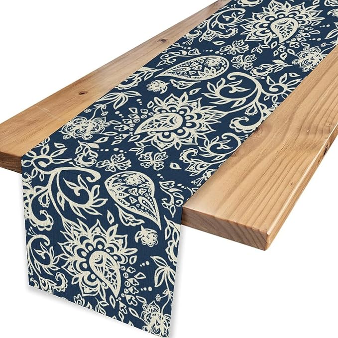 Blue Paisley Table Runner, Vintage Damask Antique Floral Flower Boho Damask Swirled Rustic Coffee Table Center Decor for Family Kitchen and Living Room Outdoor Table Decorations, 13"x36"