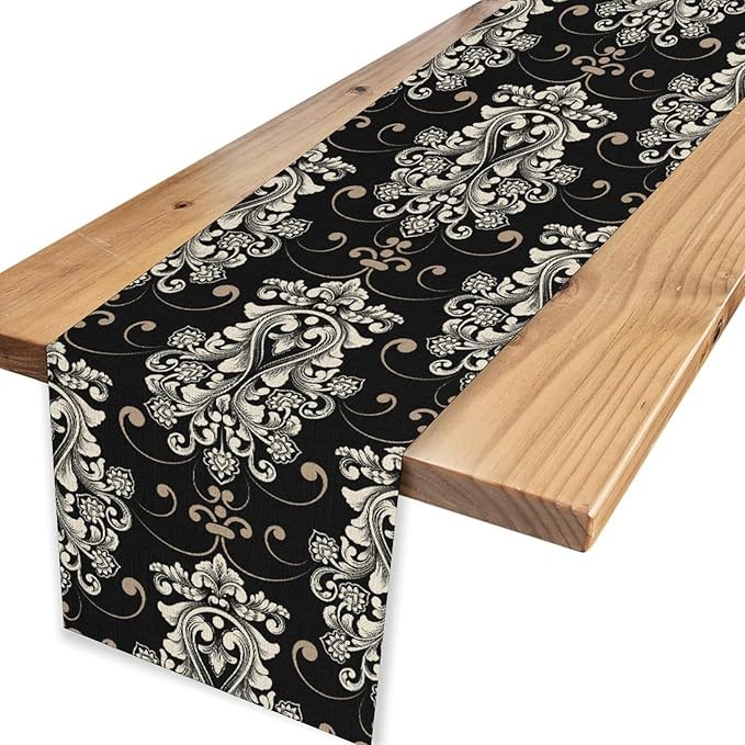 Goth Table Runner, Antique Gothic Damask Pattern Baroque Style Black Floral Flower Exotic Coffee Vintage Table Center Decor for Kitchen and Dining Outdoor Country Party Table Decorations, 13"x108"