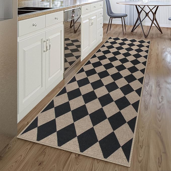 Easy Jute Checkered Runner Rug, 2.6x8 Black Modern Washable Rugs Runner for Hallway Non-Slip Kitchen Runner Rug, Geometric Diamond Indoor Outdoor Carpet for Porch Laundry Entryway