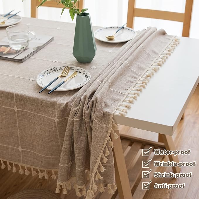 Pahajim Rustic Linen Tablecloth Cotton Rectangle Table Cloth for Kitchen Dining with Tassel Plaid Waterproof Tablecloths Rectangle/Oblong,55''x94'', 6-8 Seats