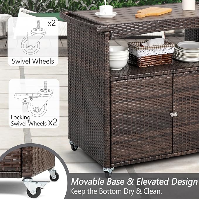 Outdoor Bar Cart with Storage Cabinet Patio Wicker Sideboard Buffet Cabinet Prep Table Outside Kitchen Serving Cart with Rolling Wheels & Handle Rattan Portable Bar Table with Shelves Doors Brown