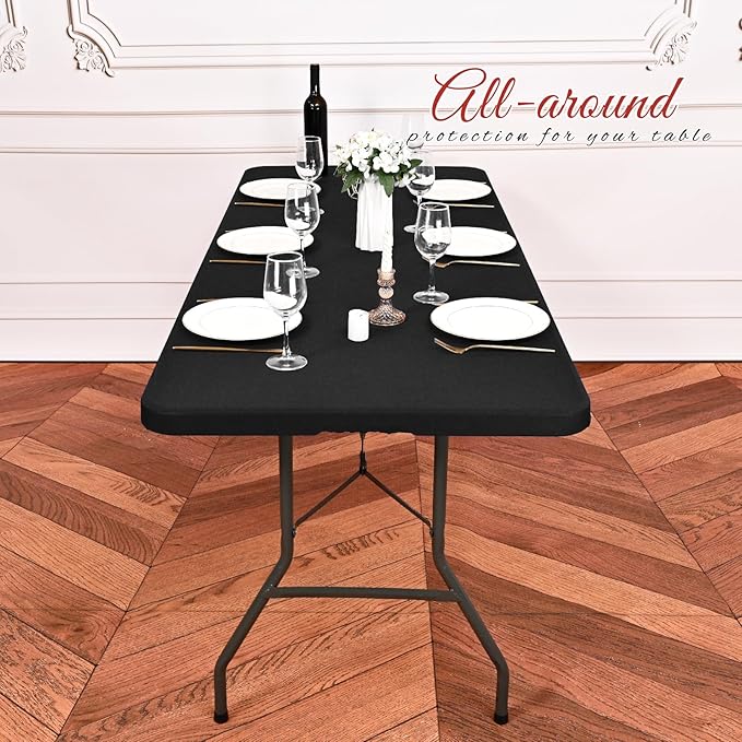 6 Pack Stretch Fabric Table Top Cap Cover, fits 6Ft Tables, Spandex Table Covers Washable Elastic Universal Rectangle Tablecloth Protector for Indoor Outdoor Party Picnic Wedding, Black, 30" W x 72" L