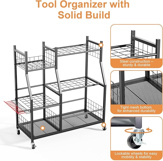 Garden Tool Organizer with Wheels for Garage, Freestanding Garage Tool Organizer, Yard Tool Holder, Garden Tool Cart for Long Handled Tools,Rakes, Brooms, Yard Storage Rack for Shed, Indoor, Outdoor