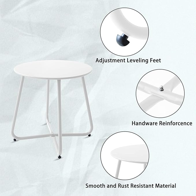Patio Outdoor Side Table Waterproof Round Metal Steel Small Side Table Weather Resistant Portable Outdoor and Indoor End Table for Garden Balcony Yard, White