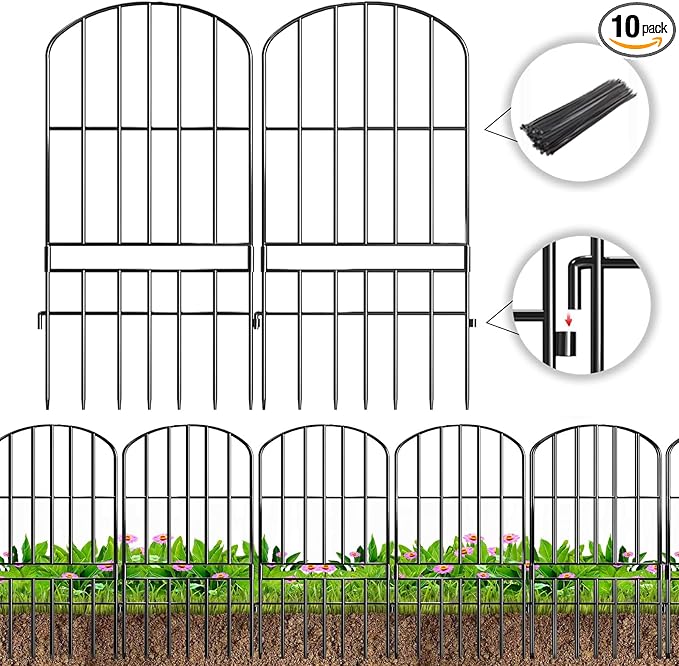 Adavin Animal Barrier Garden Fence,10 Pack Black 12''L x 25" H no dig Fence, Underground dig Protection for Dog Rabbits Rustproof Metal Wire Panel Border, 10 ft Ground Stakes for Outdoor Patio