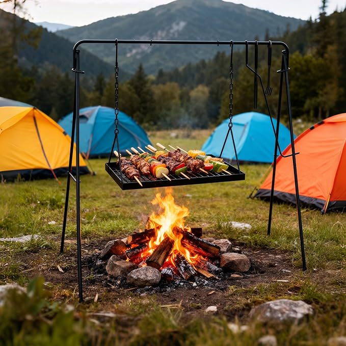 Campfire Swing Grill with Adjustable Grill Cooking Rack,Camp Fire Cooking Equipment Comes With 8 Hooks, Accessories and handbag,Portable Dutch Oven Hanger for Camping, Hiking, Cookware, Bonfire