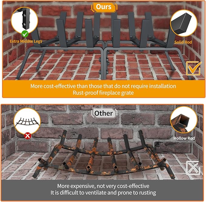 Heavy Duty 21Inch Fireplace Grate, Solid Steel Log Rack for Wood Burning, Extra Wide Firewood Grates for Indoor Fireplace & Outdoor Fire Pit, Wood Stove Grate