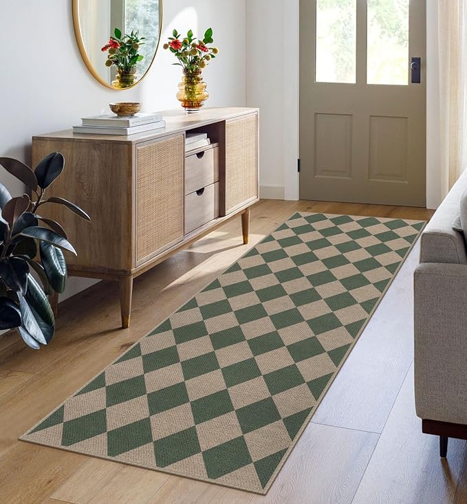 Easy Jute Checkered Runner Rug, 2x6 Green Modern Washable Rugs Runner for Hallway Non-Slip Long Kitchen Rug, Geometric Diamond Indoor Outdoor Carpet for Porch Laundry Entryway