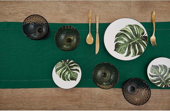 Solino Home Linen Rainforest Green Hemstitch Table Runner 60 Inches - 100% Pure Linen Small Table Runner 14 x 60 Inch Ideal for Dresser and Coffee Tables, St Patricks Day - Classic Hemstitch