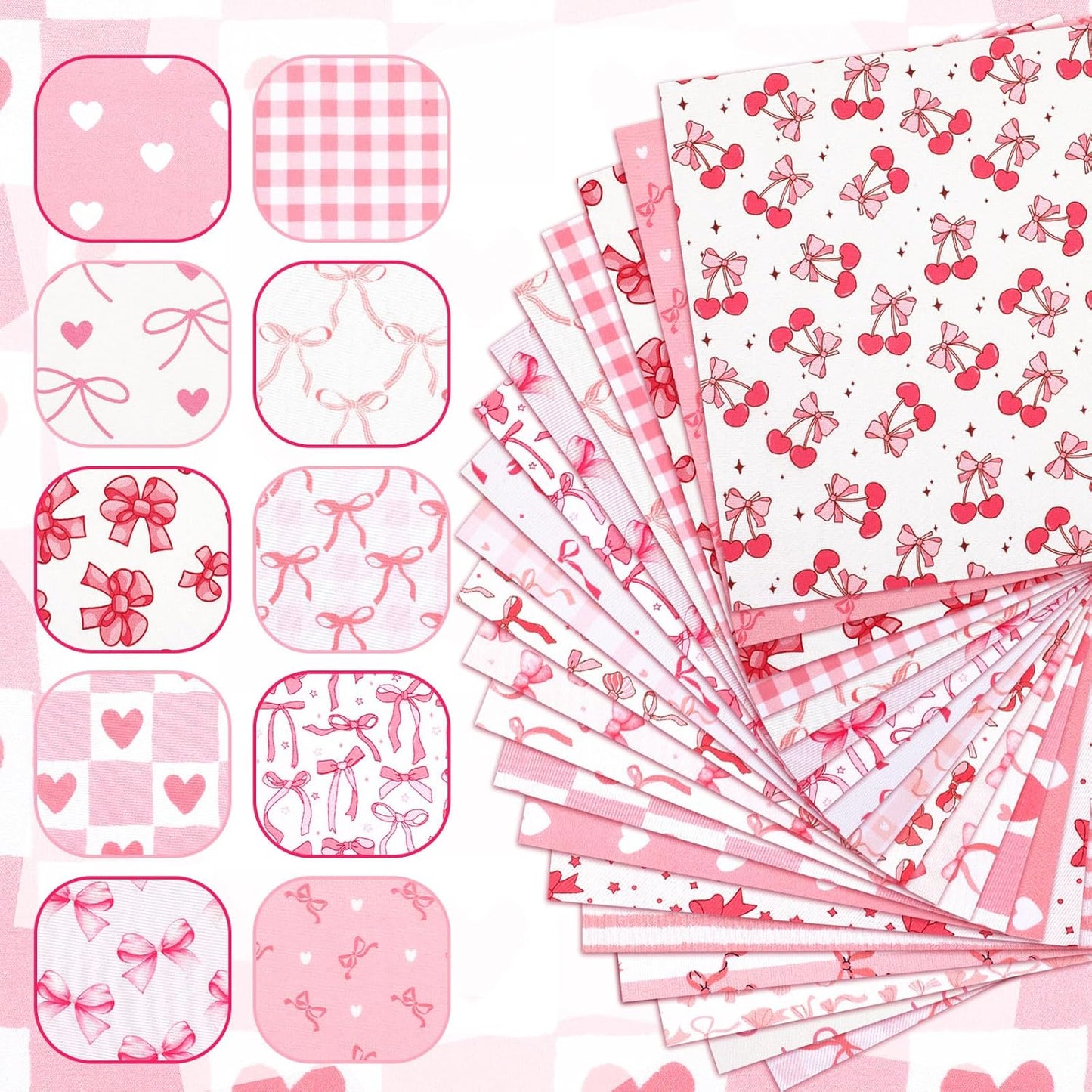 Ganeen 60 Pcs 10 x 10 Inch Pink Bows Quilting Fabric Squares Coquette Pink Bow Fat Patchwork Precut Strips Plaid Dot Heart Coquette Fabric Bundles for Holidays DIY Craft Sewing Handmade Material Gifts