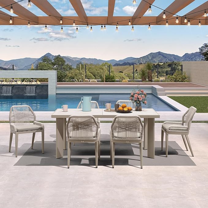 PURPLE LEAF 7 Pieces Patio Dining Set Aluminum Modern Rectangular Table and Wicker Chairs with Cushions for Kitchen Porch Garden Outdoor Furniture Sets, Champagne