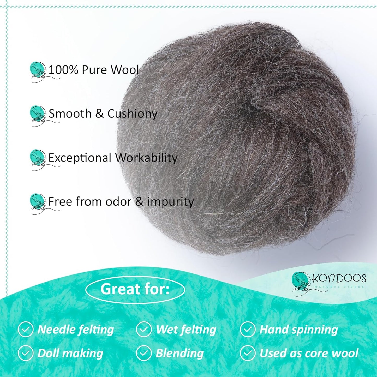 Kondoos Natural Wool roving, 8 OZ. Best for Needle Felting, handcrafts and Spinning. Natural Colours, un-Dyed. (Brown Mocha, 8 oz)